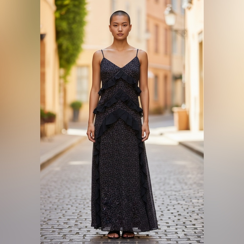 Maxi Floral Ruffle Dress Size 4 – Black Pink Print Sleeveless Midi/Maxi Dress